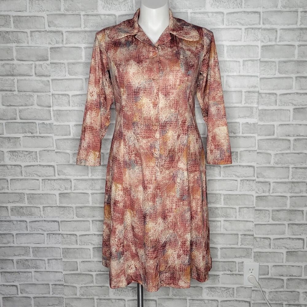 Vintage 70s Dog Ear Collar Earth tone Abstract Print Dress